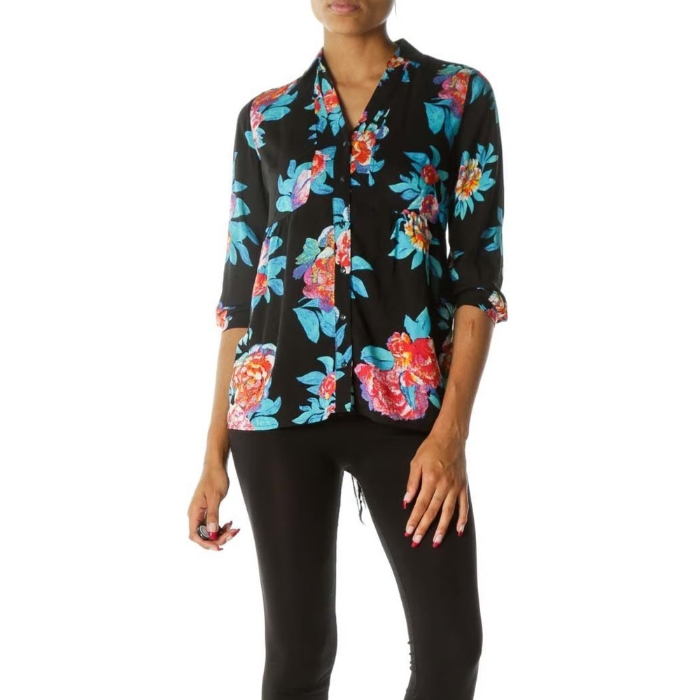 Anthropologie Maeve Womens Woodland Walk Top  Black Floral Button Up.  order(58)